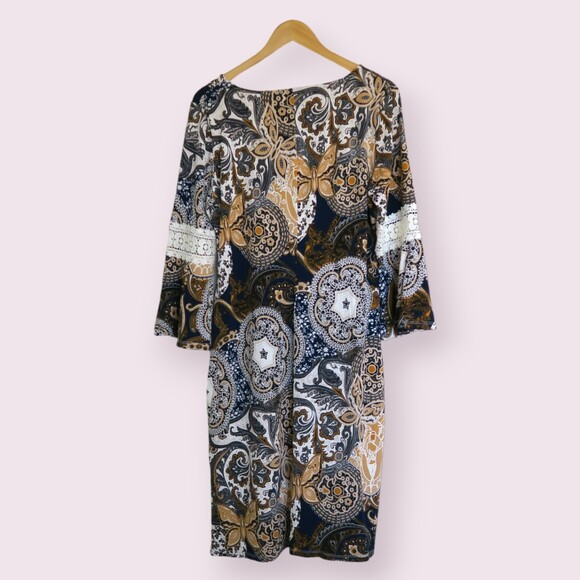 GLAMOUR Floral Dress Sz 16 Midi Abstract Lace Details Knee Modest Brown Stretch - Picture 10 of 10